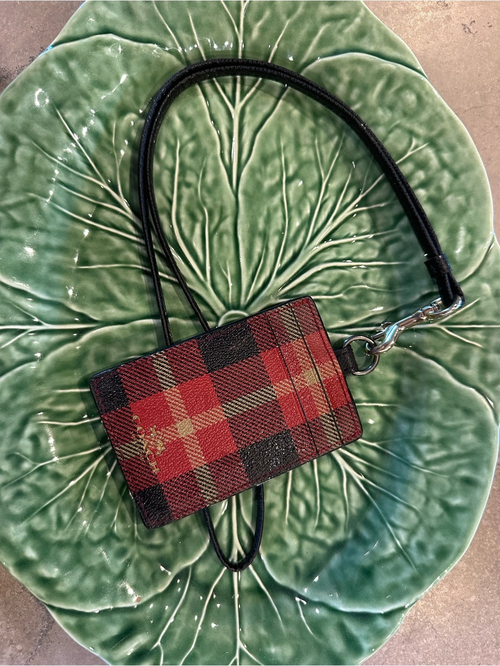 Coach Red and Black Plaid Card Holder with Black Strap